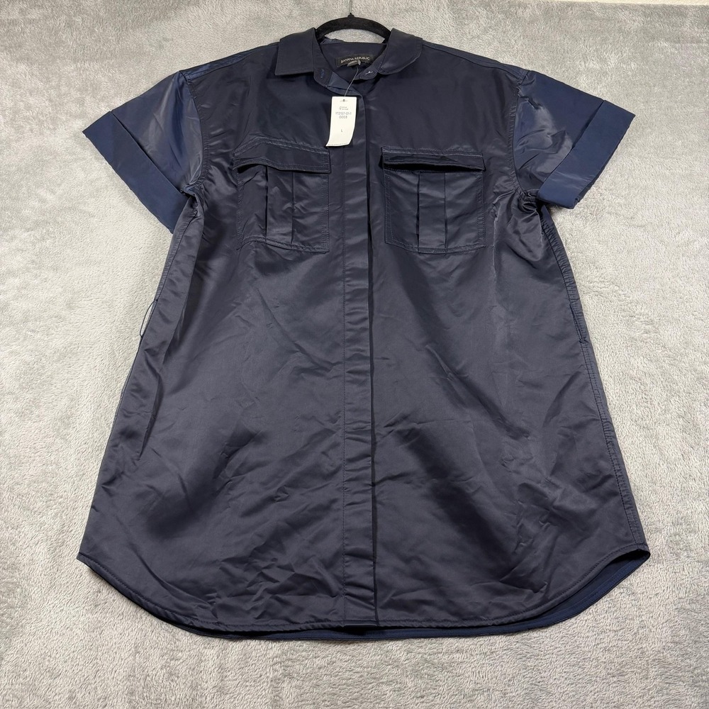 Banana Republic Shirt Dress Womens Large Navy Military Utility Short Sleeve